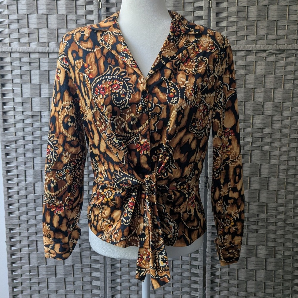 Vtg Jones New York Button Up Blouse Brown Leopard Paisley Tie Front Md Polished